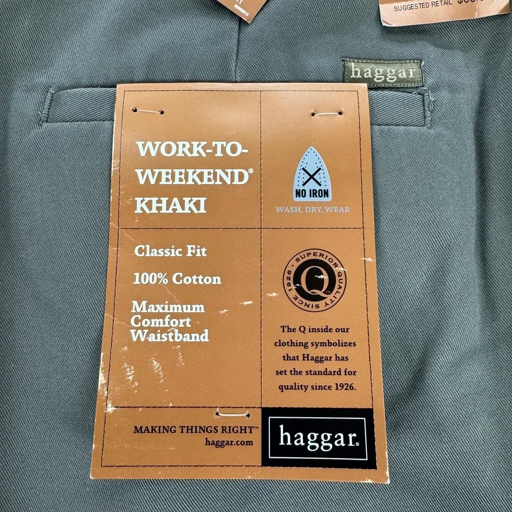 Haggar Work To Weekend Khaki Pants Mens‎ 42x29 Olive Classic Fit No Iron NEW $60